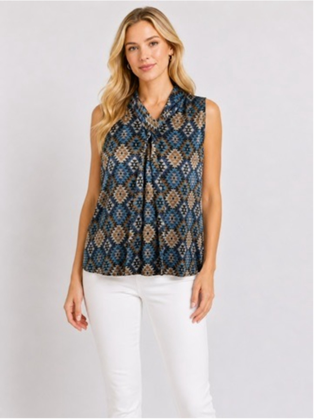 Lafayette 148 Abbie Silk Blouse Geometric Southwest Aztec Tie Neck Top size L
